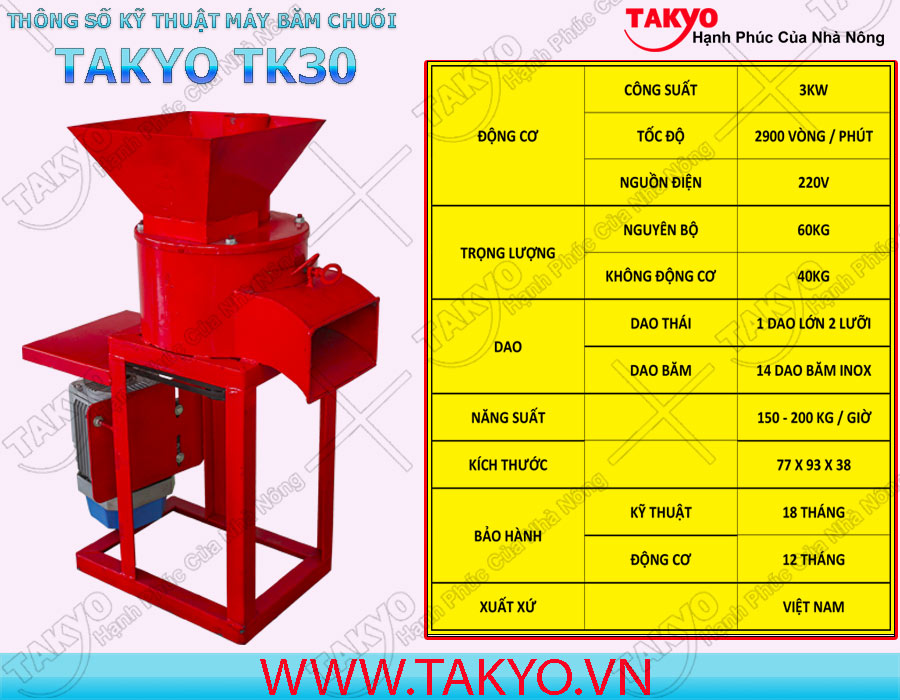 Thông số kỹ thuật máy băm nghiền đa năng Takyo TK 30