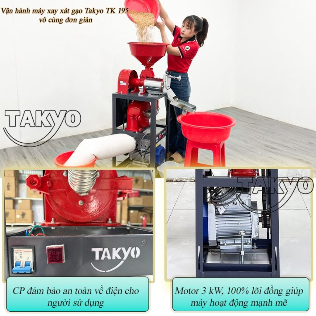 Máy xay xát gạo gia đình Takyo TK 195 sử dụng động cơ 3kw mạnh mẽ