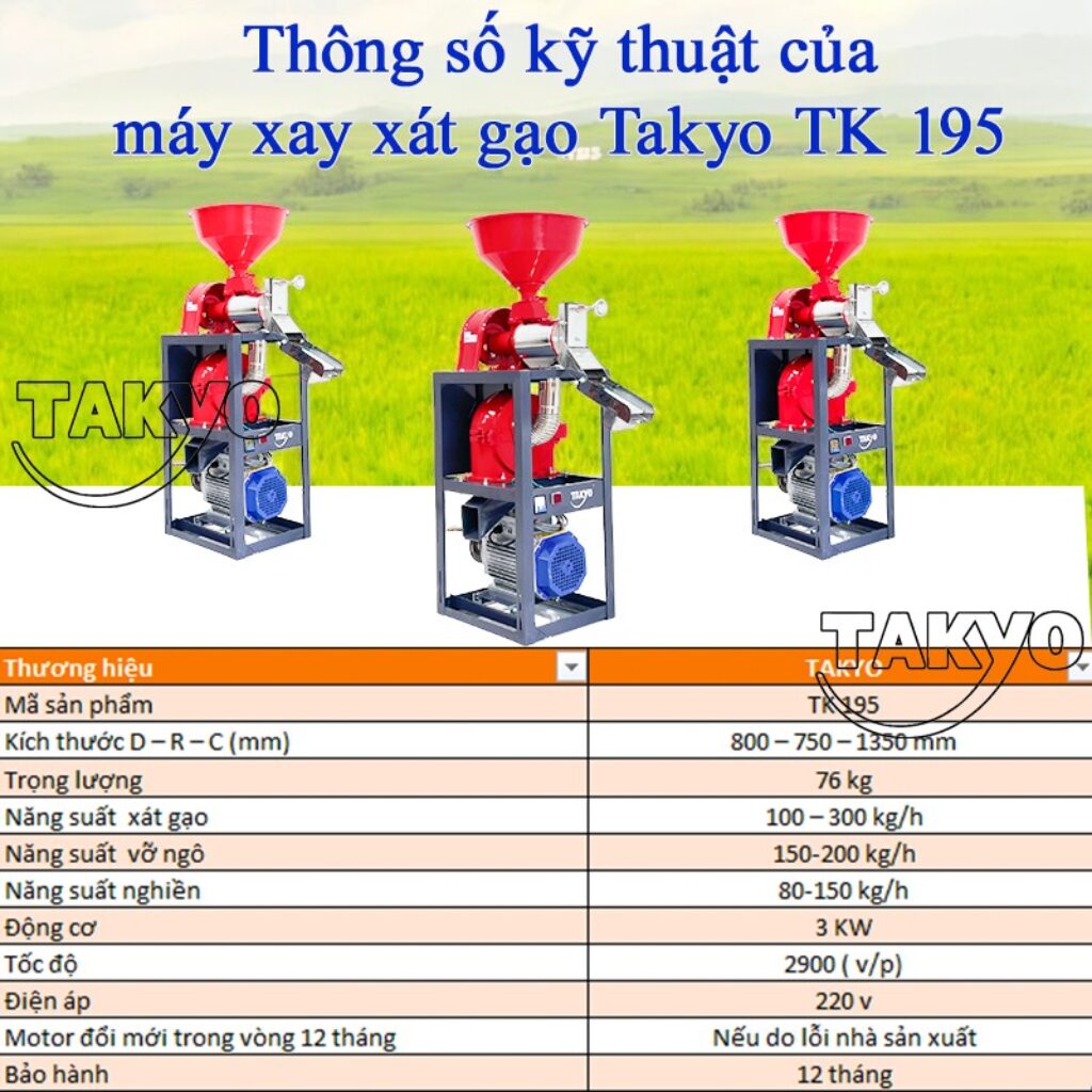 Thông số kỹ thuật của máy xay xát gạo đa năng Takyo TK 195