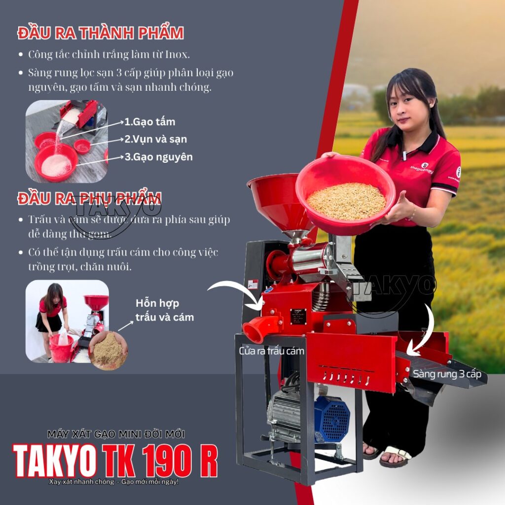 Đầu ra gạo và đầu ra hỗn hợp trấu cám của máy xát gạo mini đời mới TAKYO TK 190 R