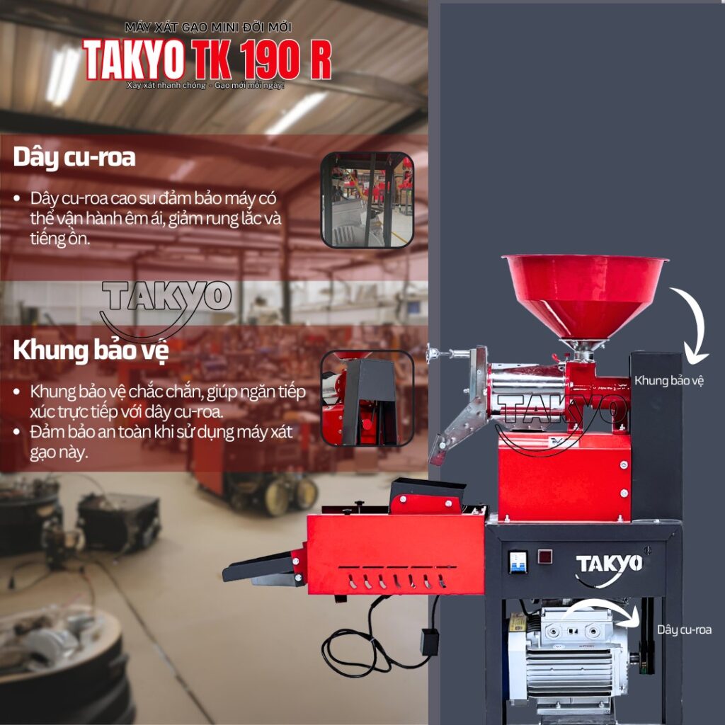 Dây cu-roa và khung bảo vệ của máy xát gạo mini đời mới TAKYO TK 190 R