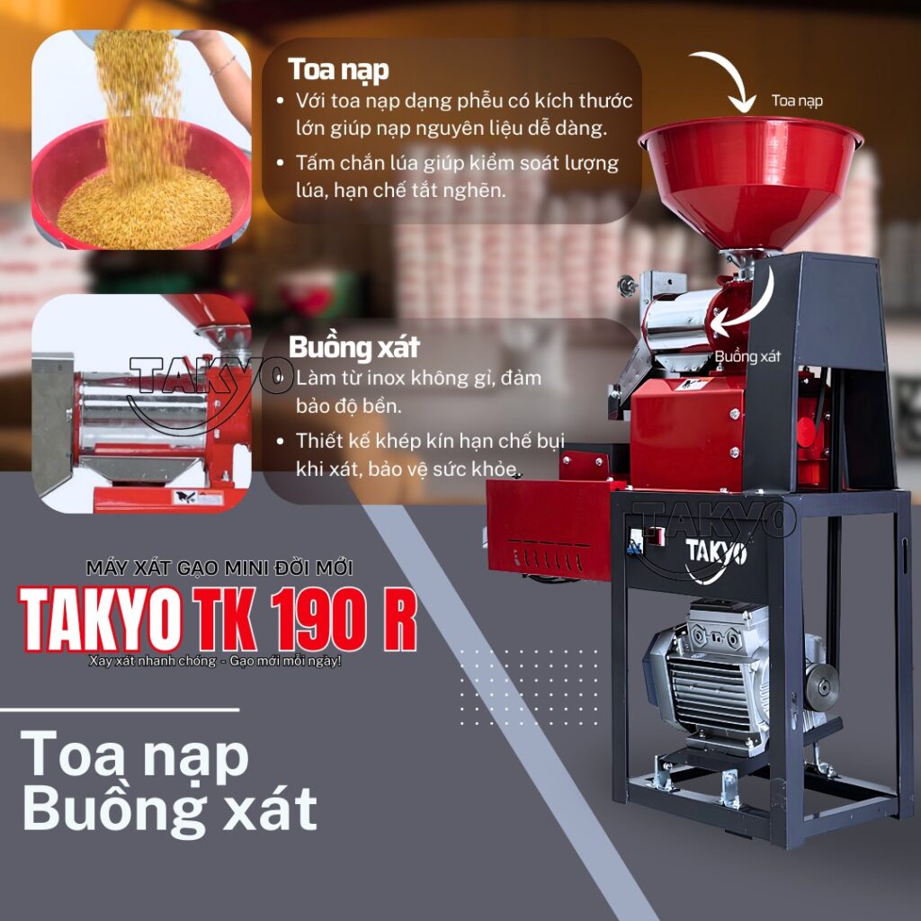 Toa nạp và buồng xát của máy xát gạo mini đời mới TAKYO TK 190 R