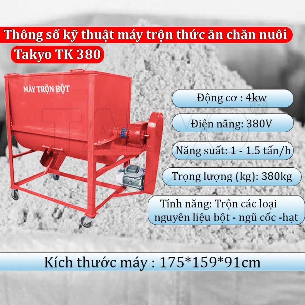 Thông số kỹ thuật máy trộn thức ăn chăn nuôi Takyo TK 380 - 4 - 3p