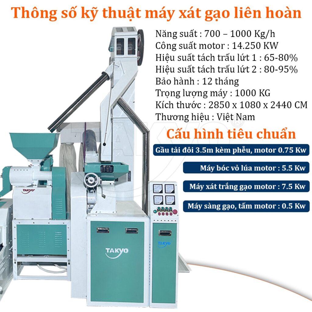 Thông số kỹ thuật dàn máy xay xát gạo công nghiệp Takyo TK 1200
