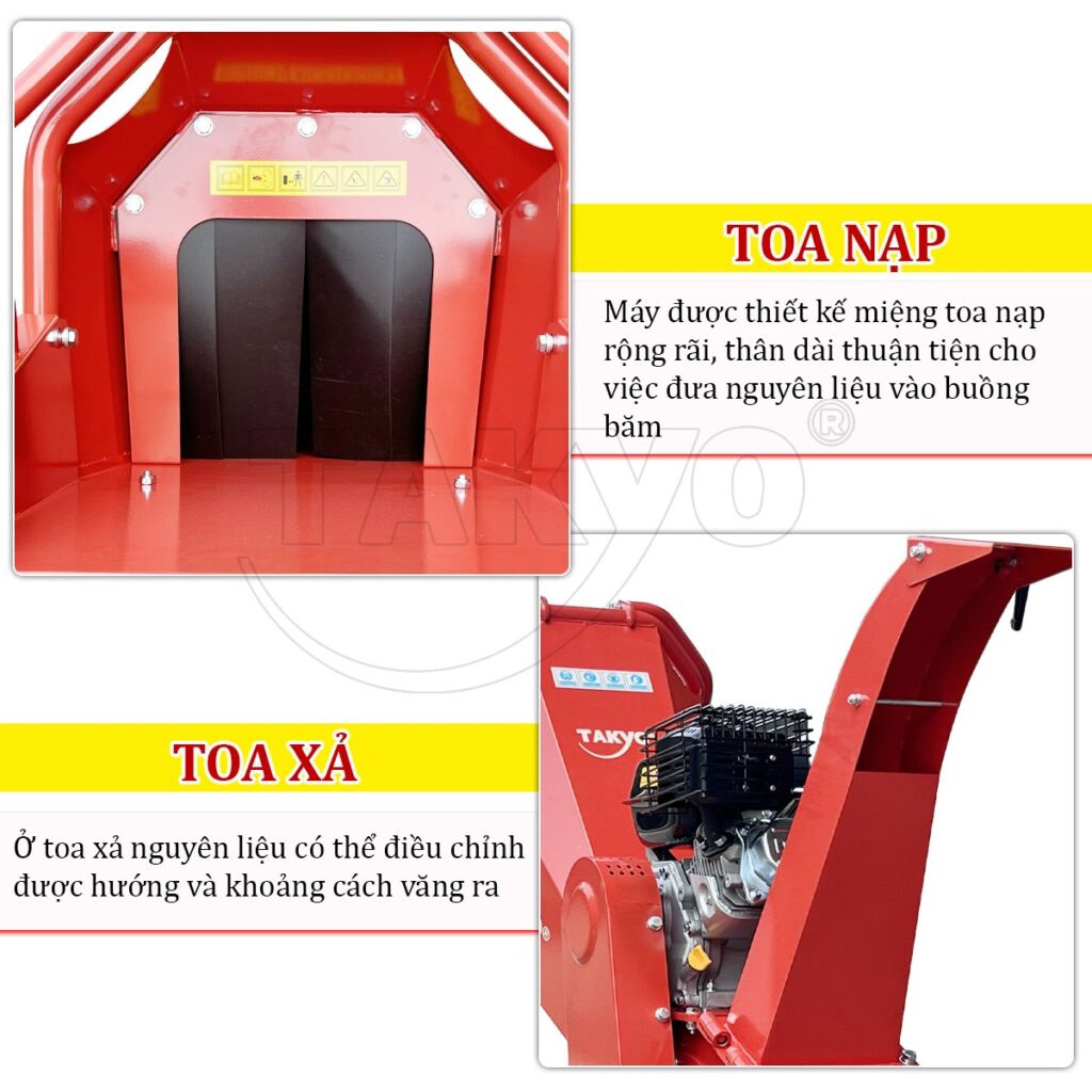 Máy băm cành cây Takyo TK 75 có cấu tạo toa nạp rộng rãi, có thể điều chỉnh hướng văng thành phẩm ở toa xả