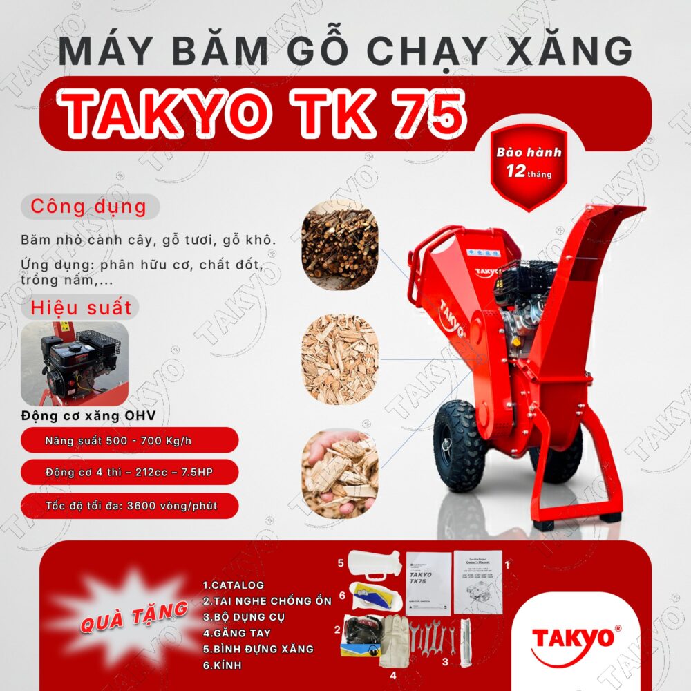 MÁY BĂM GỖ, NGHIỀN CÀNH CÂY DỌN VƯỜN CHẠY XĂNG TAKYO TK 75 7.5HP